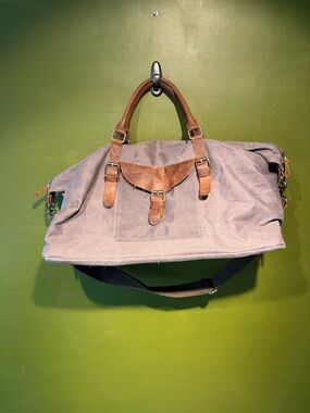 Canvas Duffel Bag with Brown Leather Trim - Gray